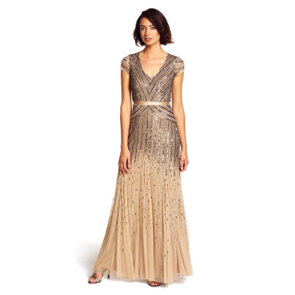 ADRIANNA PAPELL Beaded V-Neck Gown
